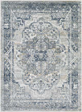 Detailed close-up of the Allerton Area Rug; beige, charcoal, dark blue, and gray oriental pattern. Design-Rectangle-5373
