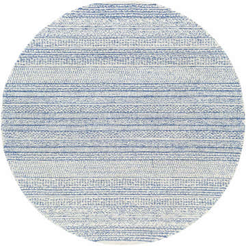 Close-up of a round Allport Tufted Maroc Wool Rug. Features a blue and light beige Moroccan-inspired pattern. Design-Round-6
