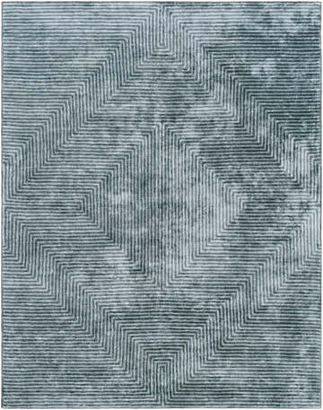 Close-up of Quartz Patterned Sheen Blue/Green Viscose Rug featuring a geometric striped design. Design-Rectangle-810