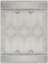 Close-up of the Amaga High-Low Rustic Rug. Charcoal, cream, and light beige geometric pattern with diamond accents. Design-Rectangle-71010
