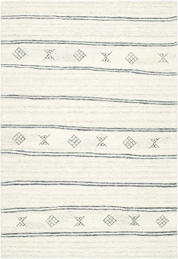 Close-up of the Amaka Area Rug. Hand-tufted 100% wool rug with dark gray stripes and geometric patterns on off-white. Design-Rectangle-576