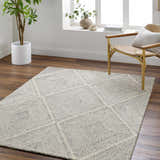 Living room scene with the light gray Amari Area Rug, woven chair, wood floors, and natural light. Roomscene-Rectangle