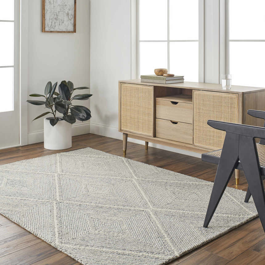 Living room scene with a light gray Amari Area Rug, wood floors, and a rattan cabinet. Roomscene-Rectangle