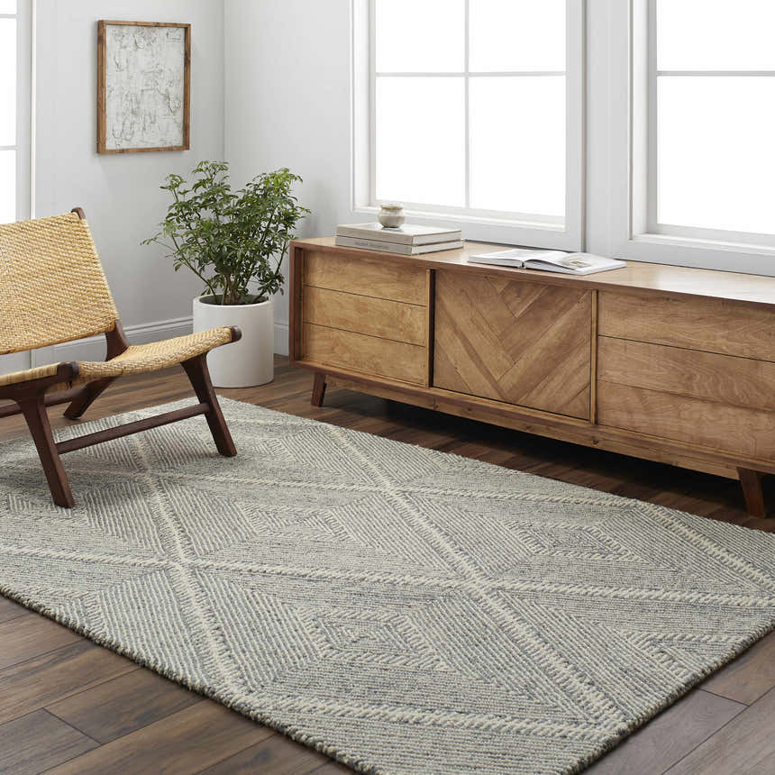 Living room scene with light gray Amari Area Rug, woven chair, and mid-century modern wood cabinet. Roomscene-Rectangle