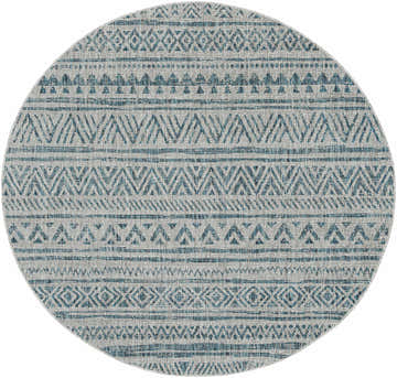 Close-up of a round Novato Aqua rug. Features an all-over geometric pattern in aqua, black, taupe and white. Design-Round-67