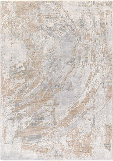 Close-up of the Ambra Thick Luxe Boutique Rug, showcasing its cloud gray, brown, and gray contemporary design. Design-Rectangle-575