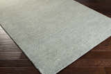 Close-up of the sage Ammanford Area Carpet showing its hand woven texture on dark wood floors. Corner