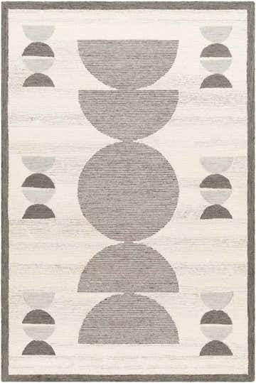Close-up of the Anahi Area Rug. Hand-tufted wool rug with geometric gray and beige circle design. Contemporary style. Design-Rectangle-576