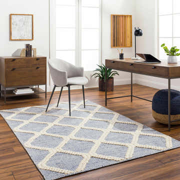 Home office with the Andra Area Rug in dark gray and light blue, desk, gray chair, and wood floors. Roomscene-Rectangle