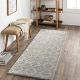 Entryway with wood floors and Anito Premium Rug runner in charcoal and gray. Bench, shelf, and decor create a cozy farmhouse feel. Roomscene-Runner