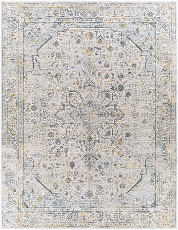 Close-up of the Anmoore Luxe Rug, a traditional Persian style rug in charcoal, cream, and mustard tones. Design-Rectangle-710103