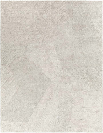 Close-up of the Annalong Modern High Pile Luxe Rug. Abstract geometric design in cream, light beige, and light gray. Soft, textured pile. Design-Rectangle-71010