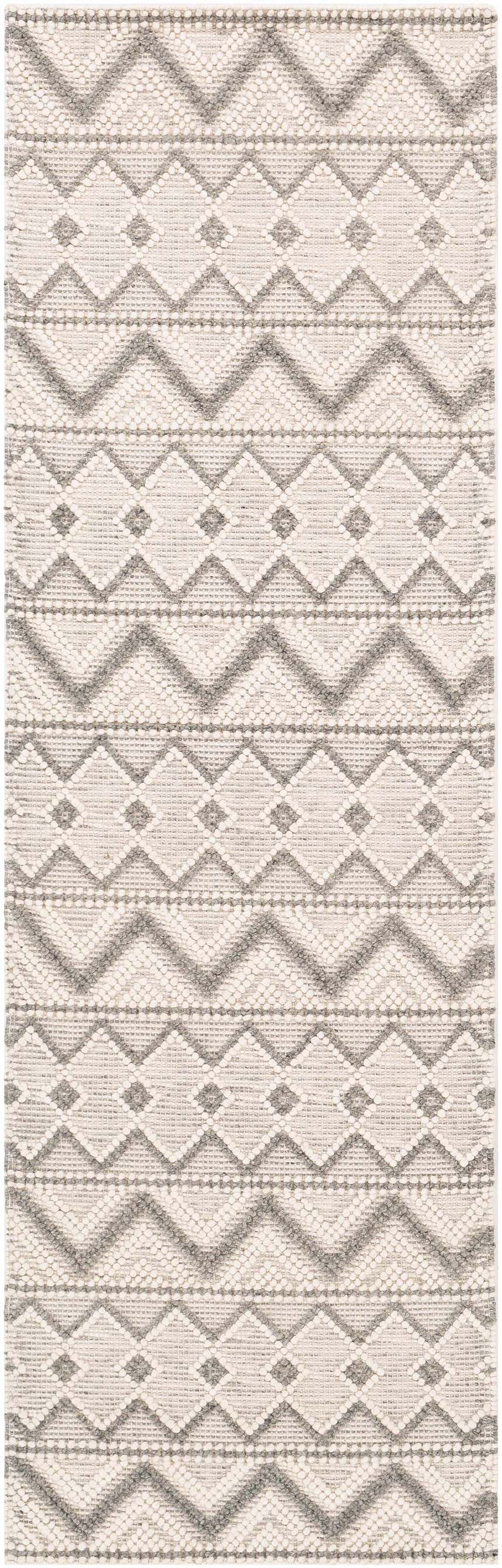Close-up of the hand woven Whittington Gray&Cream Wool Rug, showcasing its geometric diamond pattern and textured wool. Design-Runner-268