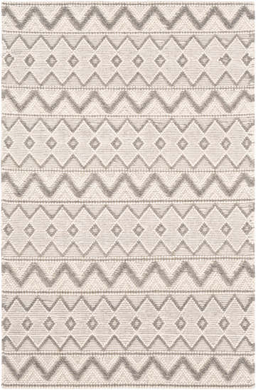 Close-up of the hand woven Whittington Gray&Cream Wool Rug featuring a geometric diamond and zig zag pattern. Design-Rectangle-576