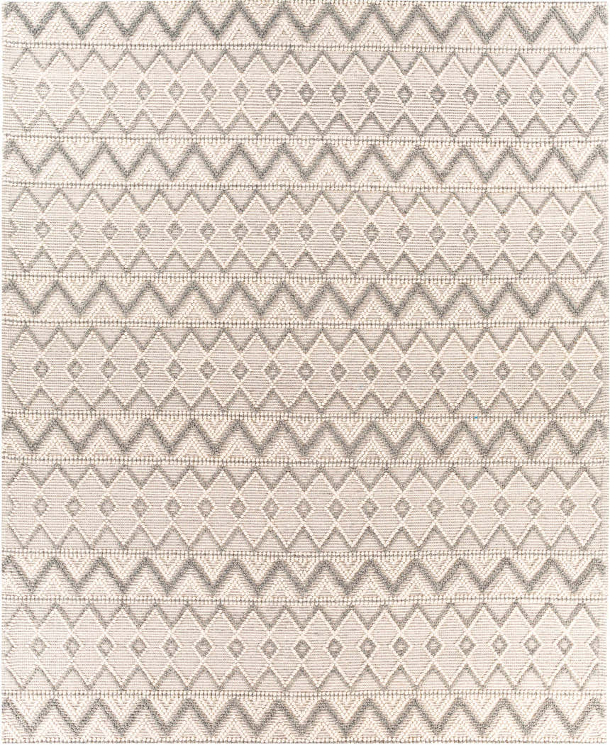 Close-up of the hand woven Whittington Gray&Cream Wool Rug featuring a geometric diamond pattern and textured wool. Design-Rectangle-810