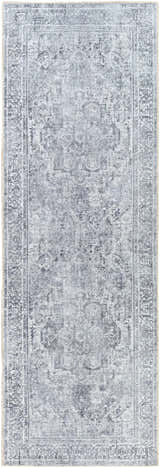 Close-up of the Aquino Washable Area Rug, a traditional runner rug in charcoal, gray, and light gray hues. Design-Runner-27710