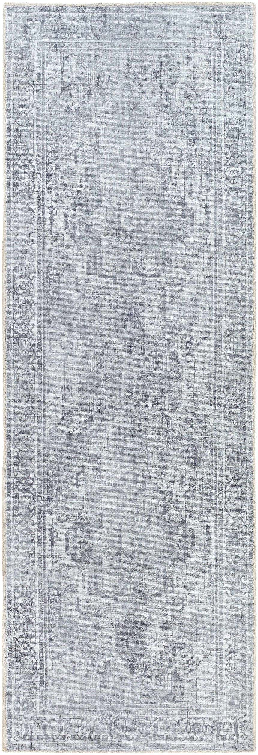 Close-up of the Aquino Washable Area Rug, a traditional runner rug in charcoal, gray, and light gray hues. Design-Runner-27710