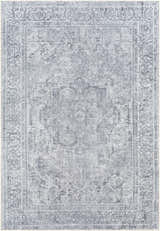 Close-up of the Aquino Washable Area Rug in charcoal, gray, and light gray with a traditional oriental pattern. Design-Rectangle-5373