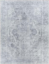 Close-up of the Aquino Washable Area Rug featuring a traditional oriental design in charcoal, gray, and light gray. Design-Rectangle-71010