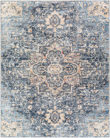 Close-up of the Aramayuan Area Rug. Bohemian style rug with brick red, cream, denim, and navy traditional patterns. Design-Rectangle-71010