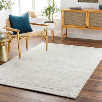 Living room scene with a cream Archer Area Rug, wood floors, and a gold accent chair. Roomscene-Rectangle