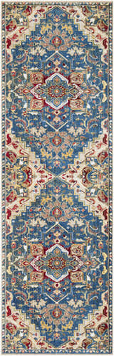 Detailed view of the Argyle Area Rug, featuring a traditional blue, red, and tan oriental pattern. Design-Runner-26710
