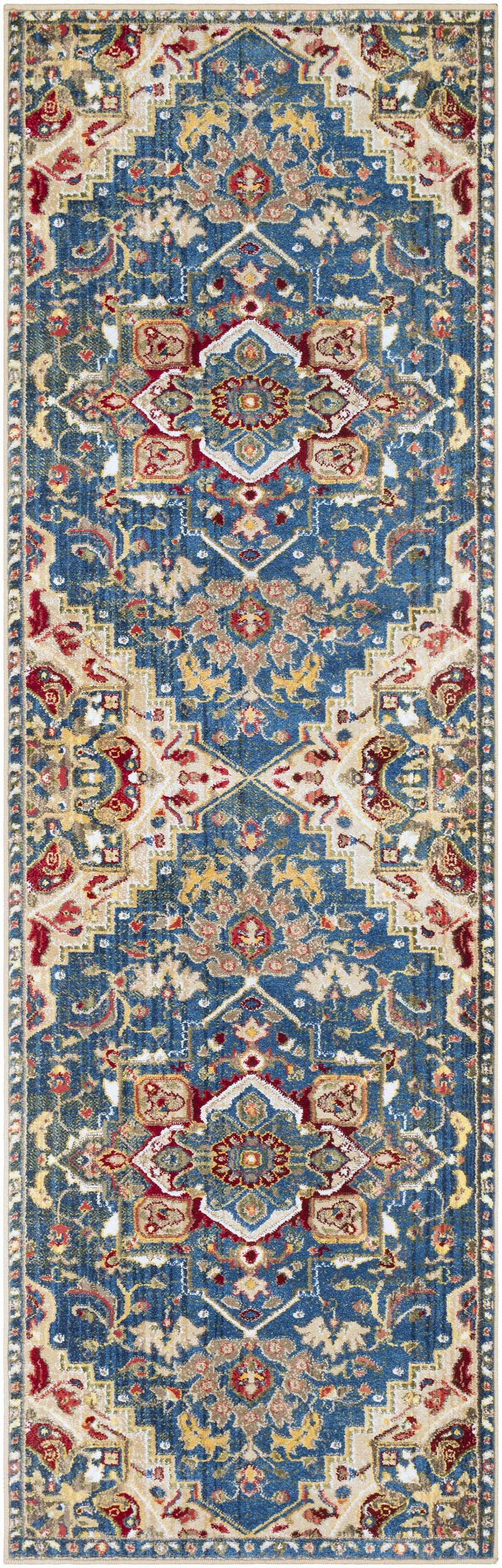 Detailed view of the Argyle Area Rug, featuring a traditional blue, red, and tan oriental pattern. Design-Runner-26710
