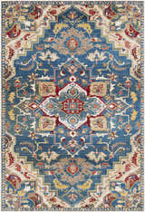 Detailed Argyle Area Rug - Clearance close-up. Features a traditional oriental pattern in shades of blue, red, tan, and yellow. Design-Rectangle-5174
