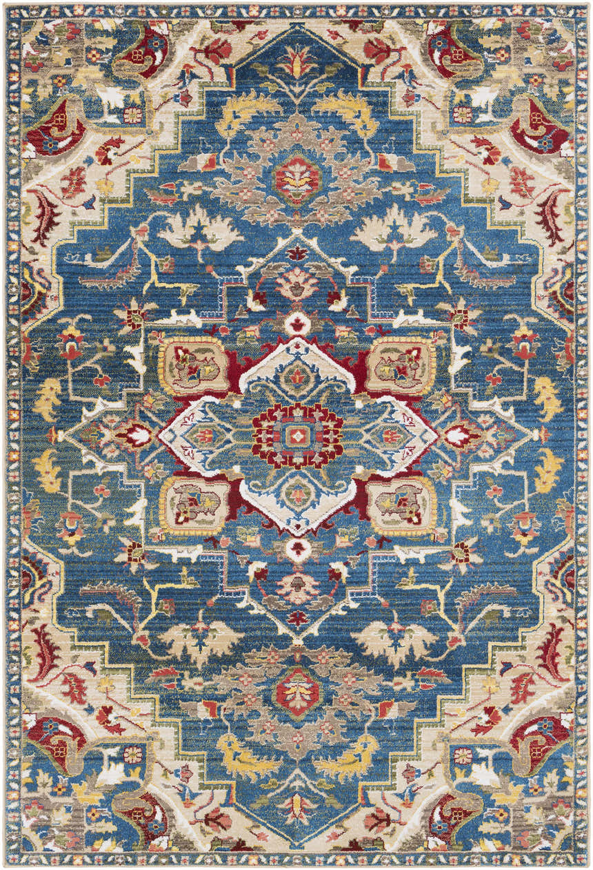 Detailed Argyle Area Rug - Clearance close-up. Features a traditional oriental pattern in shades of blue, red, tan, and yellow. Design-Rectangle-5174
