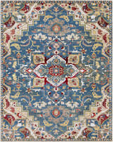 Detailed Argyle Area Rug with a traditional, oriental design in brick red, blue, tan, and yellow. Design-Rectangle-710910