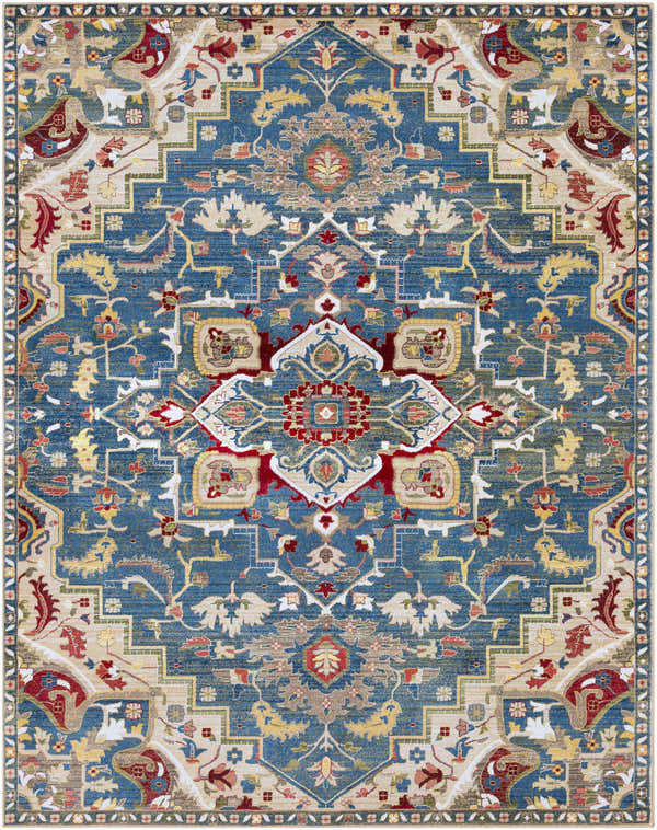 Detailed Argyle Area Rug with a traditional, oriental design in brick red, blue, tan, and yellow. Design-Rectangle-710910