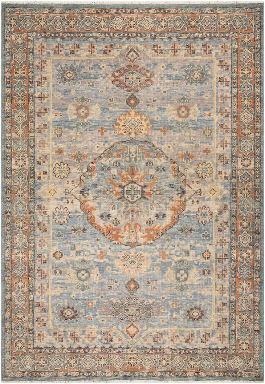 Detailed Aripeka Area Rug - Clearance, a hand-knotted wool rug with a traditional oriental design in beige, blue, and tan. Design-Rectangle-5686