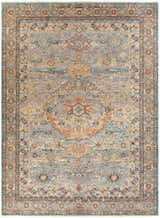 Close-up of the hand-knotted Aripeka Area Rug. Bohemian style with beige, blue, and camel colors in a traditional pattern. Design-Rectangle-811