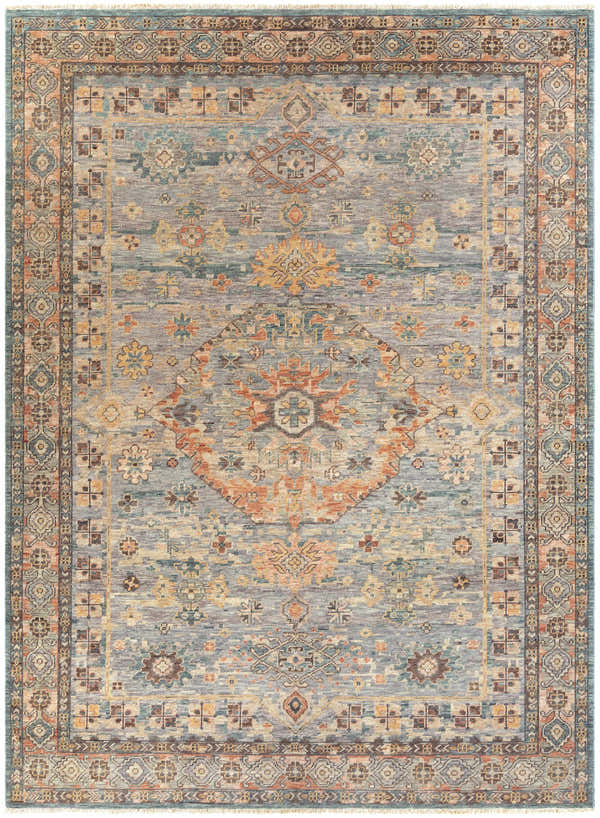 Close-up of the hand-knotted Aripeka Area Rug. Bohemian style with beige, blue, and camel colors in a traditional pattern. Design-Rectangle-811