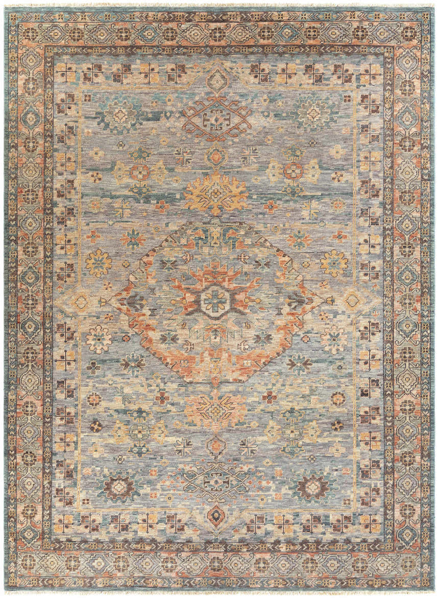Close-up of the hand-knotted Aripeka Area Rug. Bohemian style with beige, blue, and camel colors in a traditional pattern. Design-Rectangle-811