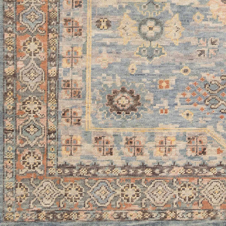Close up of the hand-knotted Aripeka Area Rug with a traditional blue, beige, and tan oriental pattern. Swatch