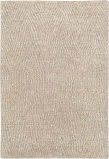 Close-up of Arkadelphia Carpet, a light gray and off-white hand-knotted rug with a subtle chevron pattern. Design-Rectangle-576