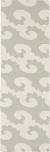 Close-up of the hand woven Arkoma Area Rug. Dusty sage swirls on an ivory wool rug. Contemporary style. Design-Runner-268