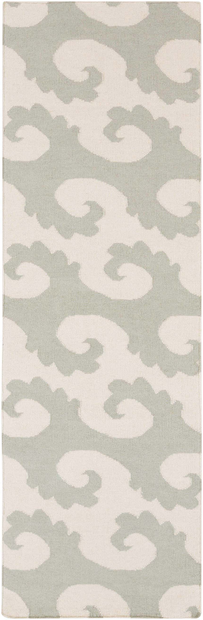 Close-up of the hand woven Arkoma Area Rug. Dusty sage swirls on an ivory wool rug. Contemporary style. Design-Runner-268