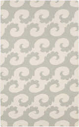 Close-up of the Arkoma Area Rug. Dusty sage swirls on an ivory wool, hand-woven rug. Contemporary style. Design-Rectangle-58