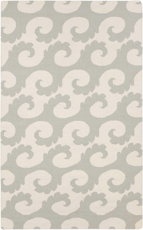 Close-up of the Arkoma Area Rug. Dusty sage swirls on an ivory wool, hand-woven rug. Contemporary style. Design-Rectangle-58