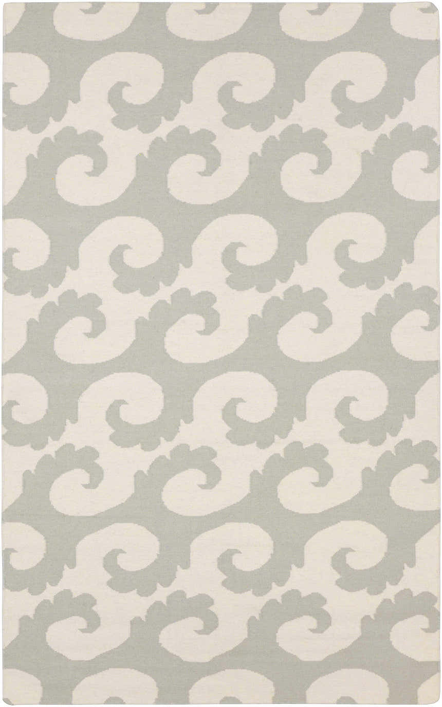 Close-up of the Arkoma Area Rug. Dusty sage swirls on an ivory wool, hand-woven rug. Contemporary style. Design-Rectangle-58