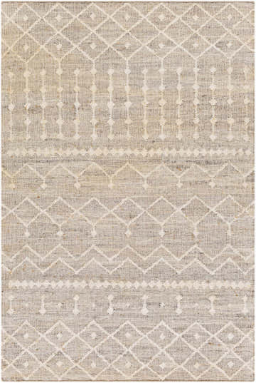 Close-up of the Armidale Hand Woven Beige Jute Rug, featuring a geometric diamond pattern in ivory and natural jute tones. Design-Rectangle-576