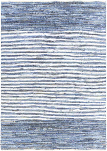 Close-up of the Armona Area Rug. Hand-woven cotton rug with blue, navy, and white horizontal stripes. Design-Rectangle-811