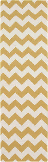 Close-up of the Arvada Area Rug, a hand-woven wool rug with a cream and mustard chevron pattern. Design-Runner-268