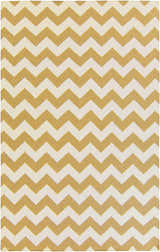 Close-up of the Arvada Area Rug. Hand woven wool rug with a cream and mustard chevron pattern. Contemporary, farmhouse style. Design-Rectangle-58
