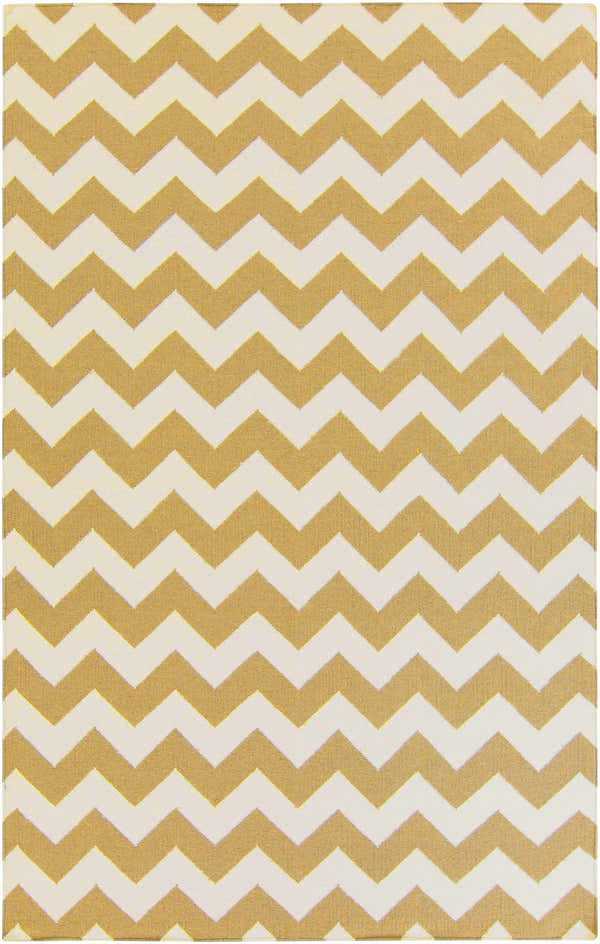 Close-up of the Arvada Area Rug. Hand woven wool rug with a cream and mustard chevron pattern. Contemporary, farmhouse style. Design-Rectangle-58