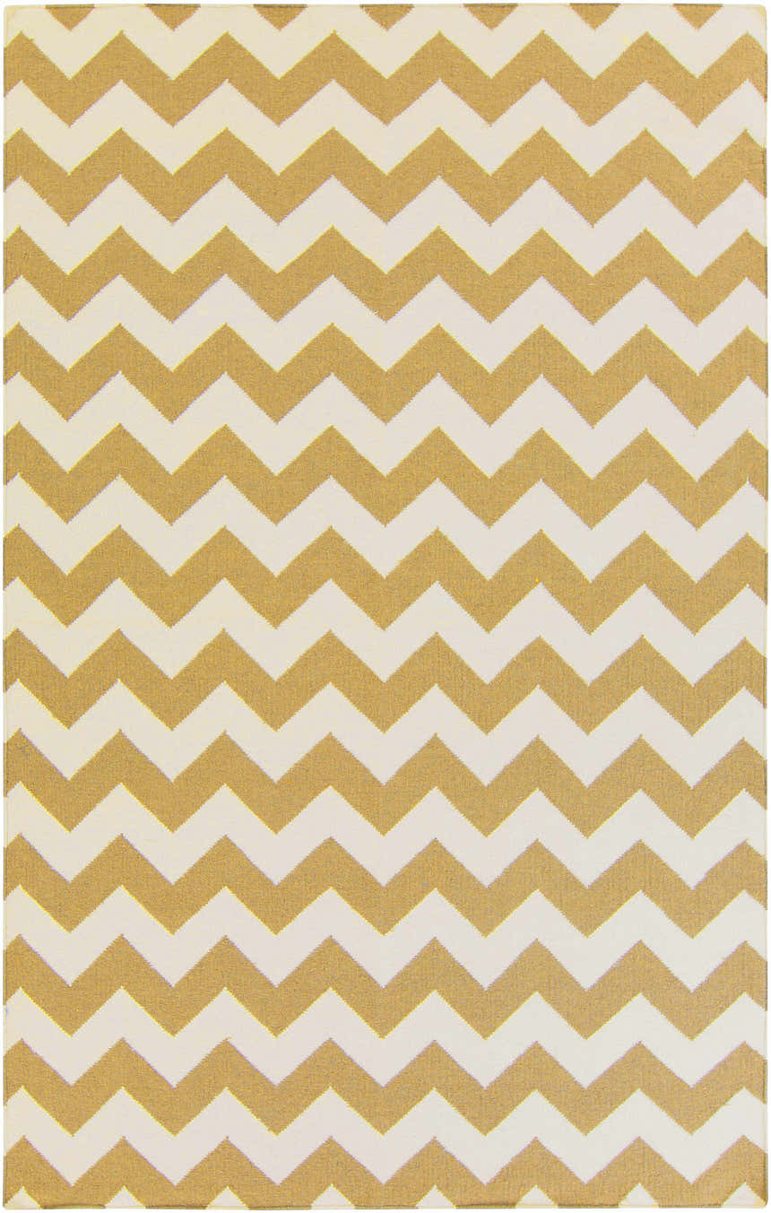Close-up of the Arvada Area Rug. Hand woven wool rug with a cream and mustard chevron pattern. Contemporary, farmhouse style. Design-Rectangle-58