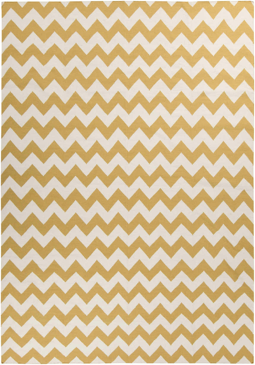 Close-up of the Arvada Area Rug. Hand-woven wool rug with a cream and mustard chevron pattern. Contemporary style. Design-Rectangle-811