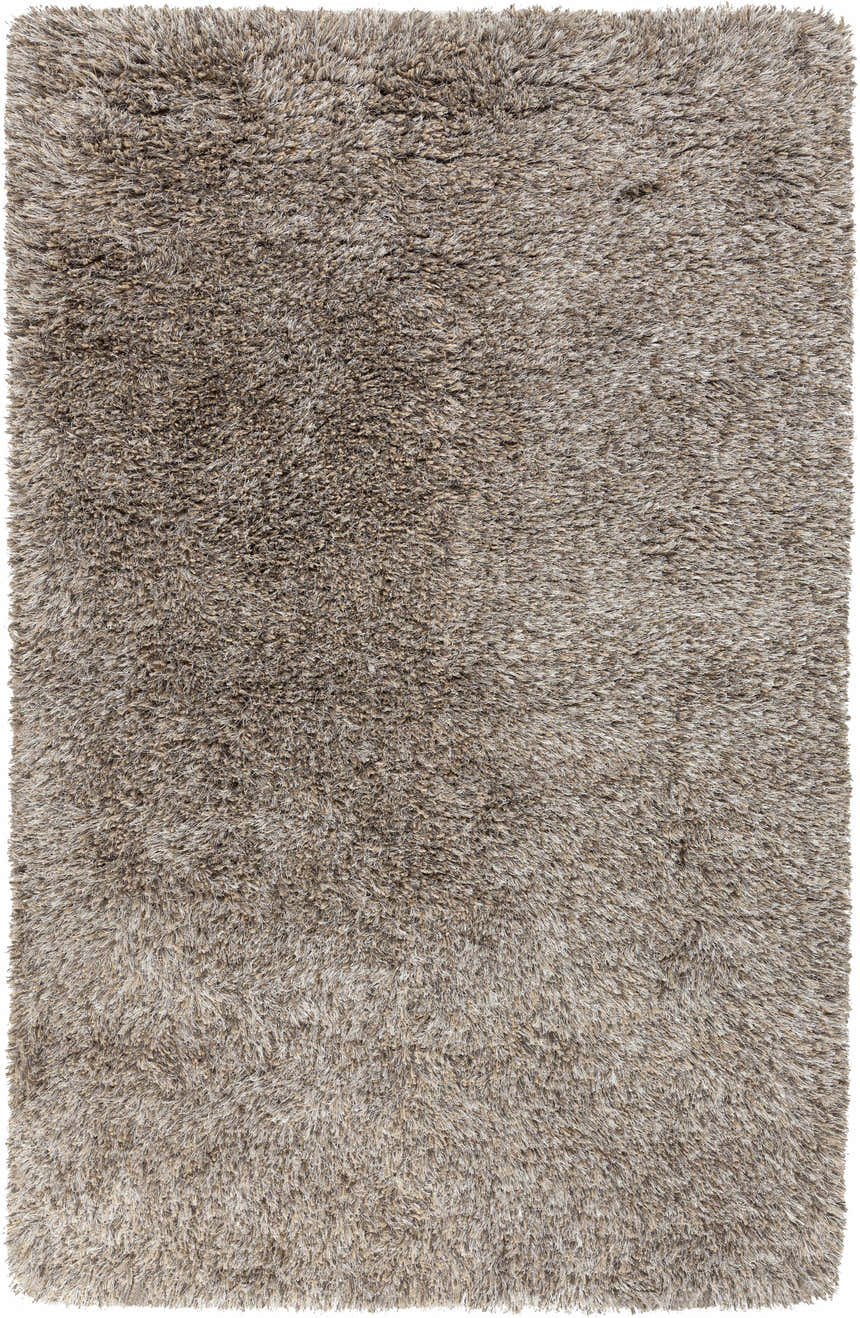 Close-up of the Ascot Area Rug. Beige, charcoal, and olive shag rug with a hand-woven texture. Design-Rectangle-58